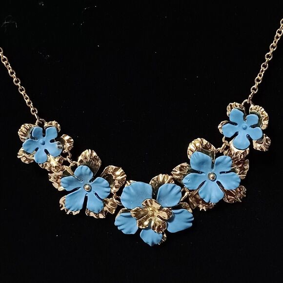 CHARMING CHARLIE Gold-Toned and Blue Flower Statement Necklace, 16” - Picture 2 of 3